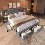 Lit adulte 180x200 cm avec usb et type - c, 4 tiroirs, 2 chevets, lampes de lecture, velours gris