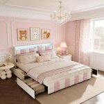 Lit adulte avec 4 tiroirs 140x190 cm, velours blanc - rose, lit double capitonn� avec �clairage led et ...