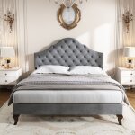 Wishdor ? lit double capitonn� 140 x 200 cm ? sommier � lattes en bois ? t�te de lit en velours gris ...