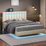 Fortuna lai - lit adulte capitonn, cadre de lit flottant avec lampes led, lit double plat avec sommier ...