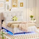 Lit adulte capitonné double 140 x 200 cm en velours avec éclairage led et sommier à lattes, pieds hauts ... Lit adulte capitonné double 140 x 200 cm en velours avec éclairage led et sommier à lattes, pieds hauts ...