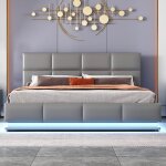 Wishdor - lit adulte lit capitonn� lit double 160 x 200 cm avec led, sommier � lattes en m�tal, gris, ...
