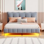 Lit adulte capitonn double 160 x 200 cm en velours avec clairage led et sommier  lattes, pieds hauts ...