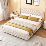 Lit adulte capitonn� double 180 x 200 cm avec t�te de lit de rev�tement de boutons et rivets et sommier ...