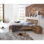 Lit adulte double 140 x 190cm + 2 chevets coloris imitation ch�ne poutre / chrome brillant - longueur ...