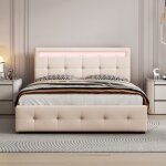 Lit adulte double 140 x 200 cm avec �clairage led. 4 tiroirs. lin beige. sans matelas