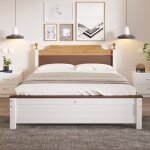 Lit adulte lit double 140 x 200 cm avec t�te et pied de lit, en bois, blanc