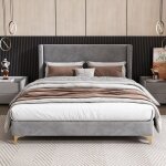 Lit adulte lit double capitonné 140 x 200 cm avec sommier à lattes, cadre en velours, gris, sans matelas, ... Lit adulte lit double capitonné 140 x 200 cm avec sommier à lattes, cadre en velours, gris, sans matelas, ...