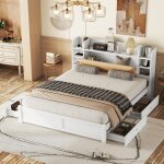 Lit adulte double 180 x 200 cm avec 4 tiroirs, t�te de lit partiellement rabattable, blanc