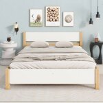 Lit adulte lit double lit en bois 140 x 200 cm avec tte et pied de lit, blanc et naturel