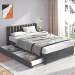 Lit avec tiroirs lit adulte double capitonn� 140 x 200 cm avec 2 tiroirs, en velours, gris