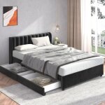 Lit avec tiroirs lit adulte double capitonn� 140 x 200 cm avec 2 tiroirs, en velours, noir