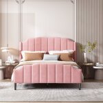 Lit adulte lit adolescent double capitonn� 140 x 200 cm avec t�te de lit, velours, rose