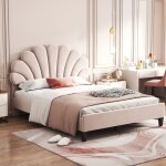 Lit adulte enfant lit capitonn� 140 x 200 cm avec sommier � lattes et t�te de lit. velours. beige