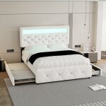 Modernluxe - lit adulte rembourr� 140x200cm avec led - avec un lit gigogne et 2 tiroirs - tissu en lin ...