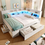 Lit banquette 140�200 cm, lit double avec led r�glable, usb, type c et tiroirs, sans matelas, en bois, ...