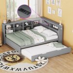 Lit banquette 140x200 cm avec un lit gigogne 90x190 cm - avec usb et multiples rangements - en bois massif ...