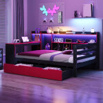 Lit banquette 90�200 cm, lit simple avec bureau, biblioth�que, 2 tiroirs, led et prises usb, sans matelas, ...