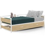 Idmarket ? lit gigogne 90 x 190 cm ? convertible 180 x 190 cm ? h�tre et blanc ? style industriel ? pour ...