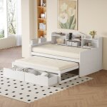 Lit banquette 90x200cm en bois - avec lit gigogne 90x190cm et 2 tiroirs - avec prise usb - blanc