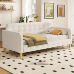 Lit banquette capitonn 90x200 cm - tissu en lin - beige