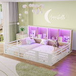 Lit avec barri�re 140�200 cm, lit double avec led r�glable, �tag�res de rangement et barri�re ouvrable, ...