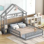 Lit cabane 140 x 200cm pour enfant, lit plat lit de maison avec rampe, lits d'enfant avec chevets