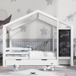 Lit cabane en bois massif avec tableau et 2 tiroirs, lit enfant 90 x 200 cm barrire et sommier, blanc ...