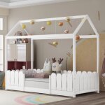 Lit cabane, avec protection antichute et sommier à lattes - 90x200 cm, en bois, blanc (sans matelas) Lit cabane, avec protection antichute et sommier à lattes - 90x200 cm, en bois, blanc (sans matelas)