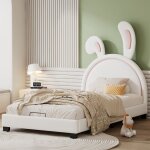 Wishdor - lit cabane lit capitonn enfant 90 x 200 cm en forme d'oreille de lapin. beige