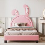Lit cabane lit capitonn enfant 90 x 200 cm en forme d'oreille de lapin. rose