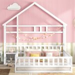 Lit cabane enfant 140 x 200 cm avec balustrade et tables de chevet. blanc