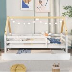 Lit cabane enfant 90x200 cm avec lit gigogne 90x190 cm en bois, grille et sommier � lattes, naturel et ...