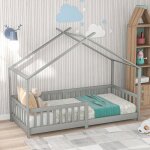 Hommoo - lit cabane enfant 90 x 200 cm avec clture et sommier  lattes, avec protection antichute, gris, ...