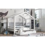 Redom - lit cabane enfant, avec 2 tiroirs, clture et sommier  lattes, 90 x 200 cm, en bois, blanc (sans ...