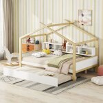 Lit cabane d'enfant 140x200 cm lit double avec lit gigogne, 4 compartiments de rangement, en bois de ... Lit cabane d'enfant 140x200 cm lit double avec lit gigogne, 4 compartiments de rangement, en bois de ...