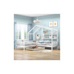 Lit cabane pour enfant avec tiroirs et tagres, bois massif avec clture et sommier  lattes, structure ...