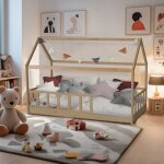 Lit cabane kiwi 90x200 + 1 sommier + barrire / naturel / 207x97x1401