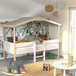 Lit cabane piloti 90x190 + 1sommier + matelas iris / blanc et naturel / 213x107x166 Lit cabane piloti 90x190 + 1sommier + matelas iris / blanc et naturel / 213x107x166