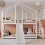 Lit superpos cabine 90x200cm avec toboggan et chelle, barrire de scurit, cadre de lit en bois massif, ...