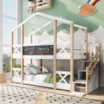 Lit superpos 90x200 cm, lit enfant avec escalier de rangement et sommiers  lattes, sans matelas, blanc ...
