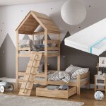 Lit cabane teddy, naturel bois, 90x200 cm avec matelas et tiroir, vitalispa