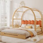 Lit cabane � toit arqu� extensible, coussins en velours, cadre en bois de pin, naturel + orange 140 x ...