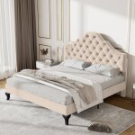 Lit rembourr 140x190 cm lit double avec sommier  lattes en bois et tte de lit rglable en hauteur, ...