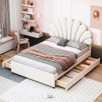 Lit capitonn� 140x200 cm, t�te de lit fleurie, tiroirs de rangement, lit adulte, lit double, velours, ...