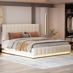 Lit capitonn 160 x 200 cm avec led, sommier  lattes en mtal & coffre de lit, lit double avec tte ...