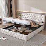 Redom - lit coffre capitonn� 180x200 cm avec sommier � lattes et t�te de lit, lit jeunesse, pu, blanc ...