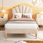 Hauss spole - lit 90�200cm, lit rembourr�, t�te de lit r�glable, velours, sans matelas, beige