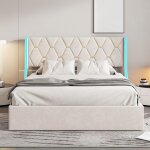 Lit capitonn� double 160x200 cm, lit coffre, lit adulte avec rangement, sommier � lattes avec levier ...