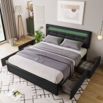Hauss spole - lit adulte rembourr 140 x 200 cm, avec 4 tiroirs, led, tte de lit rglable, sans matelas, ...